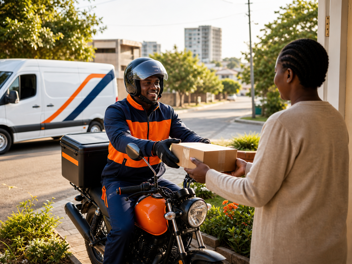 U-Link Logistics motorbike courier handing over a parcel